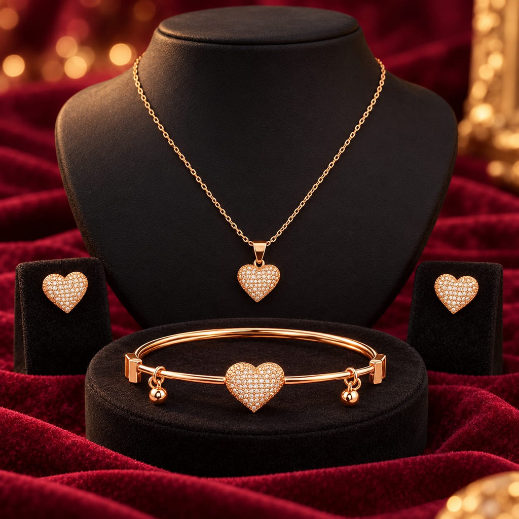 ANNIAURA gold-tone AD heart pendant earrings and bracelet jewellery set