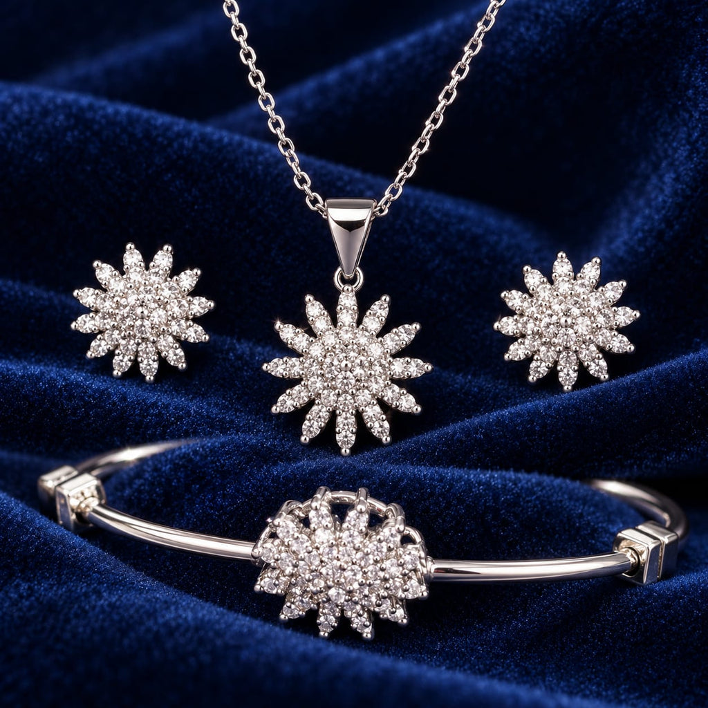 ANNIAURA silver-tone AD floral pendant earrings and bracelet jewellery set