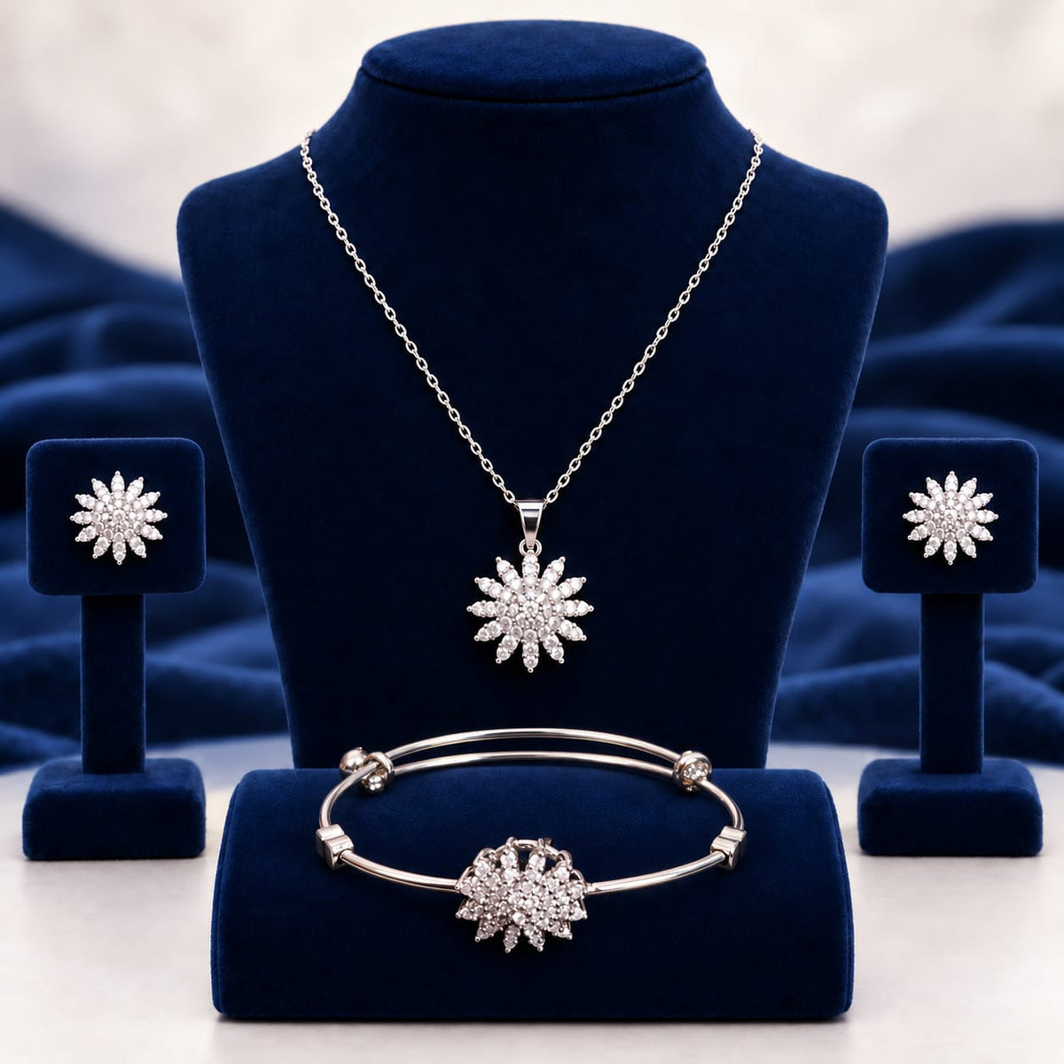 ANNIAURA silver-tone AD floral pendant earrings and bracelet jewellery set