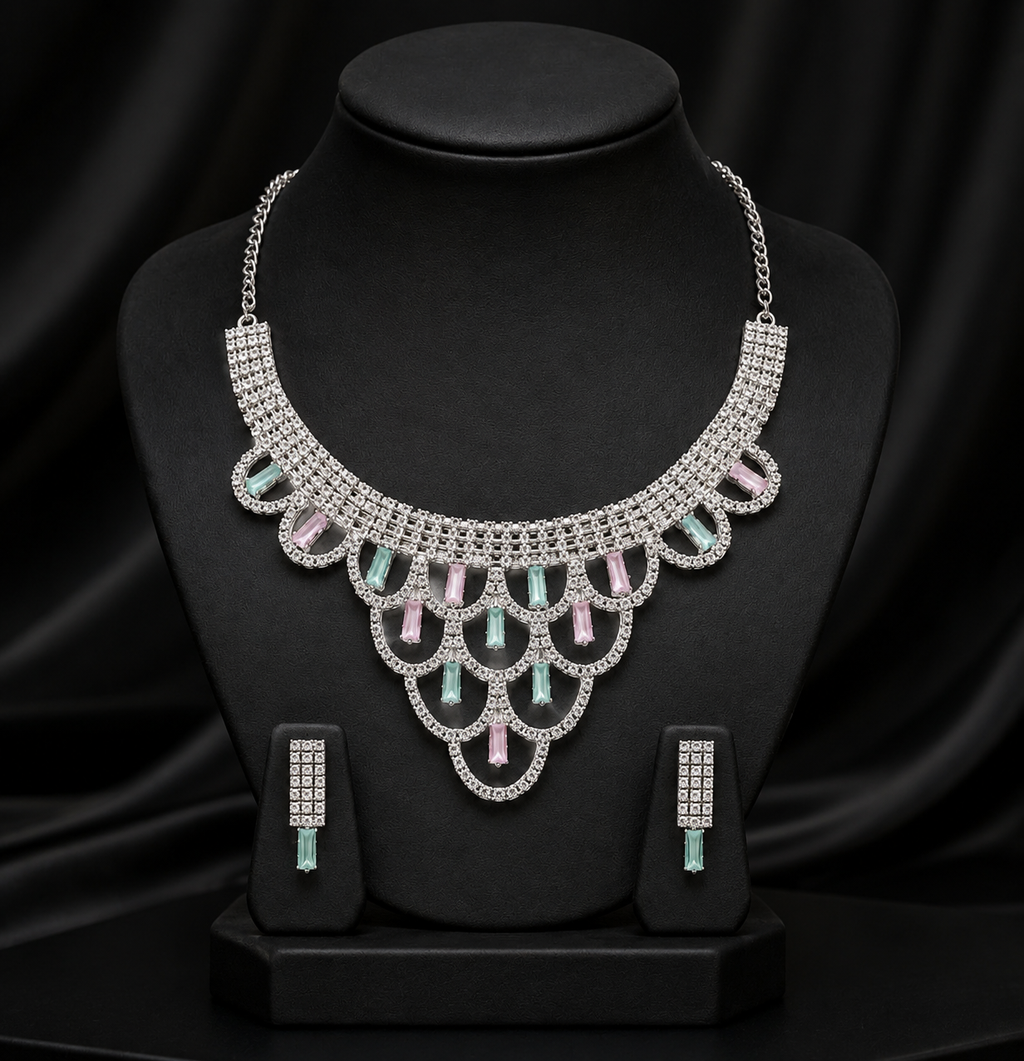 Pastel Pink & Mint Green Crystal Scalloped Statement Necklace Set