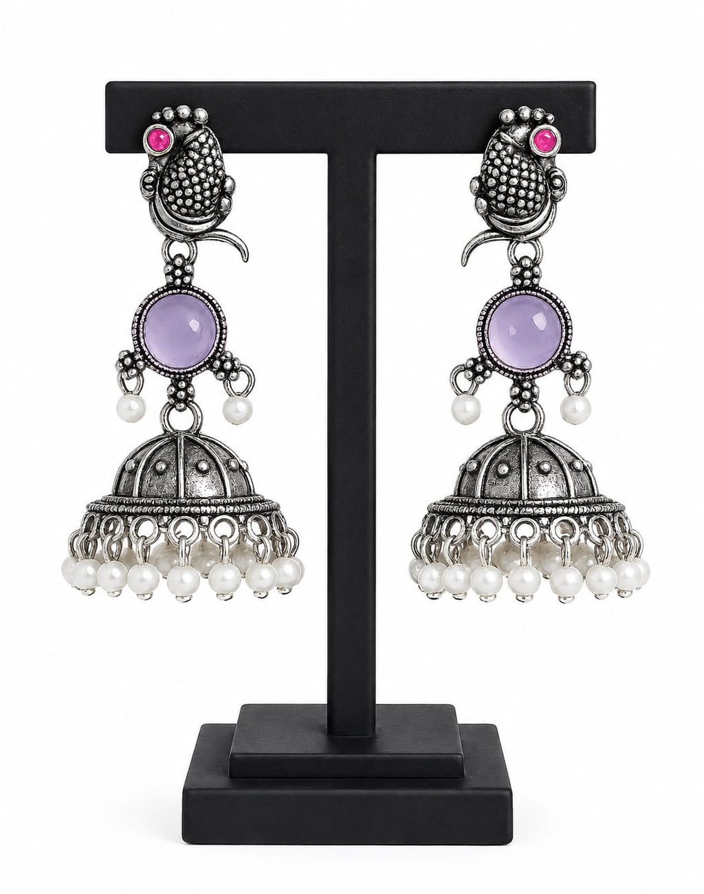 Oxidised Silver Bird Jhumka Earrings with Lavender Stone & Pearl Drops