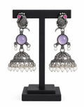 Oxidised Silver Bird Jhumka Earrings with Lavender Stone & Pearl Drops