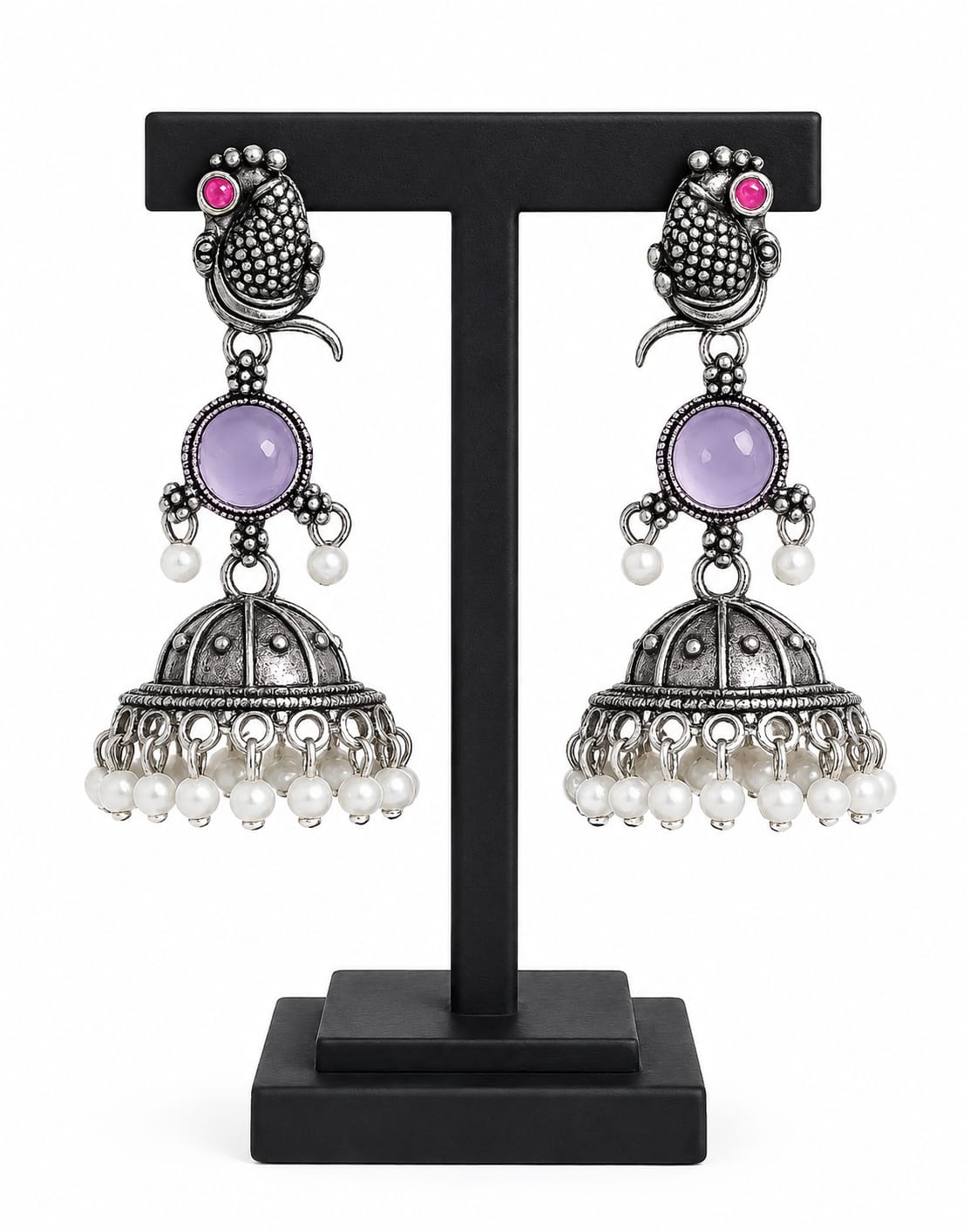 Oxidised Silver Bird Jhumka Earrings with Lavender Stone & Pearl Drops
