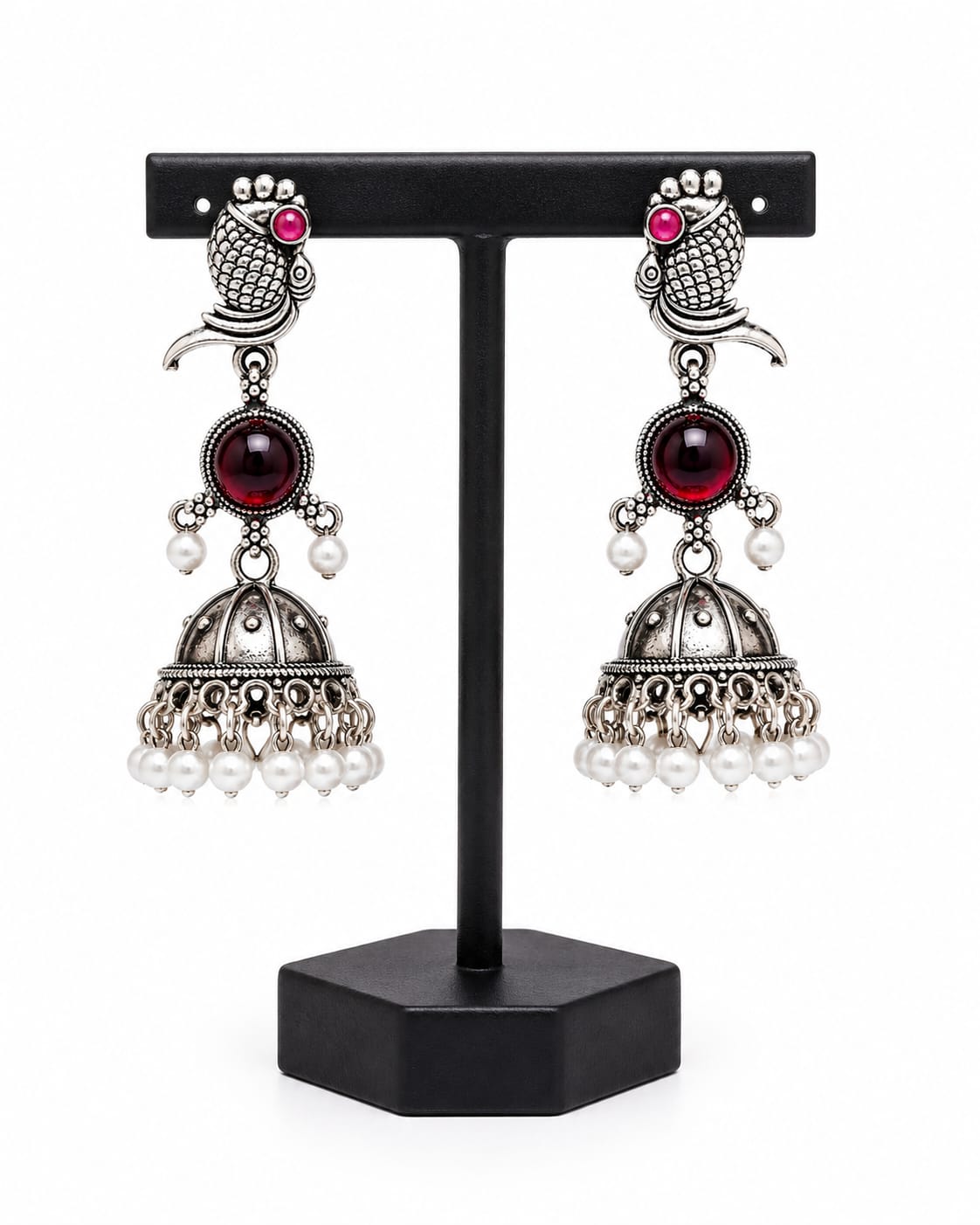 Oxidised Silver Peacock Jhumka Earrings with Red Stone & Pearl Drops
