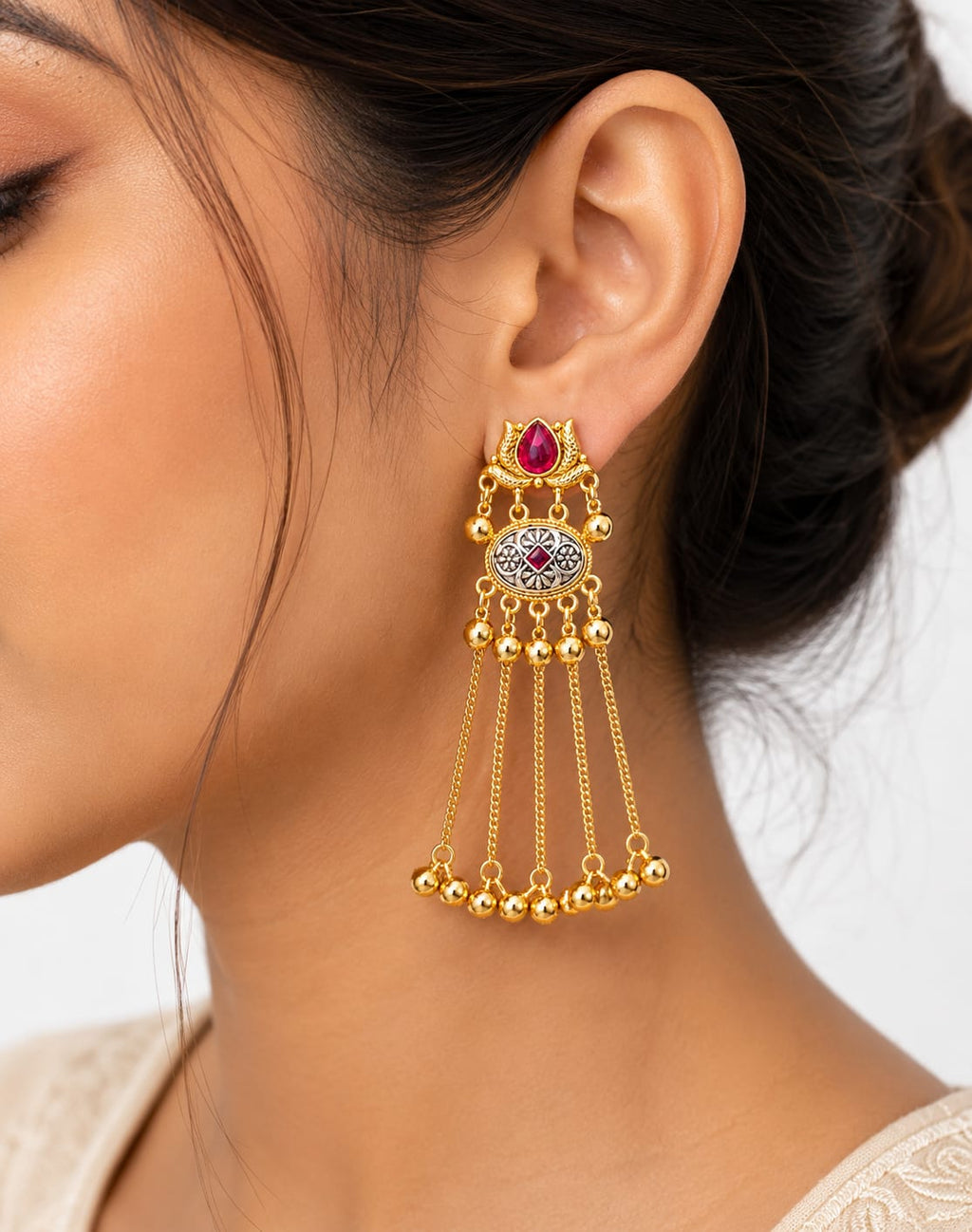 Traditional Kashmiri Long Earrings with Red Stone & Golden Ghungroo