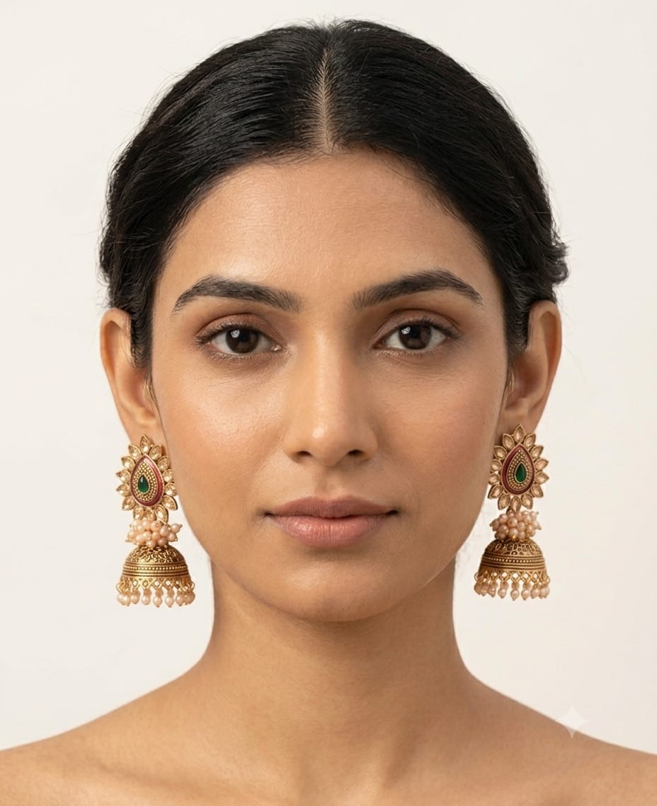 Traditional Green & Red Pearl Earrings