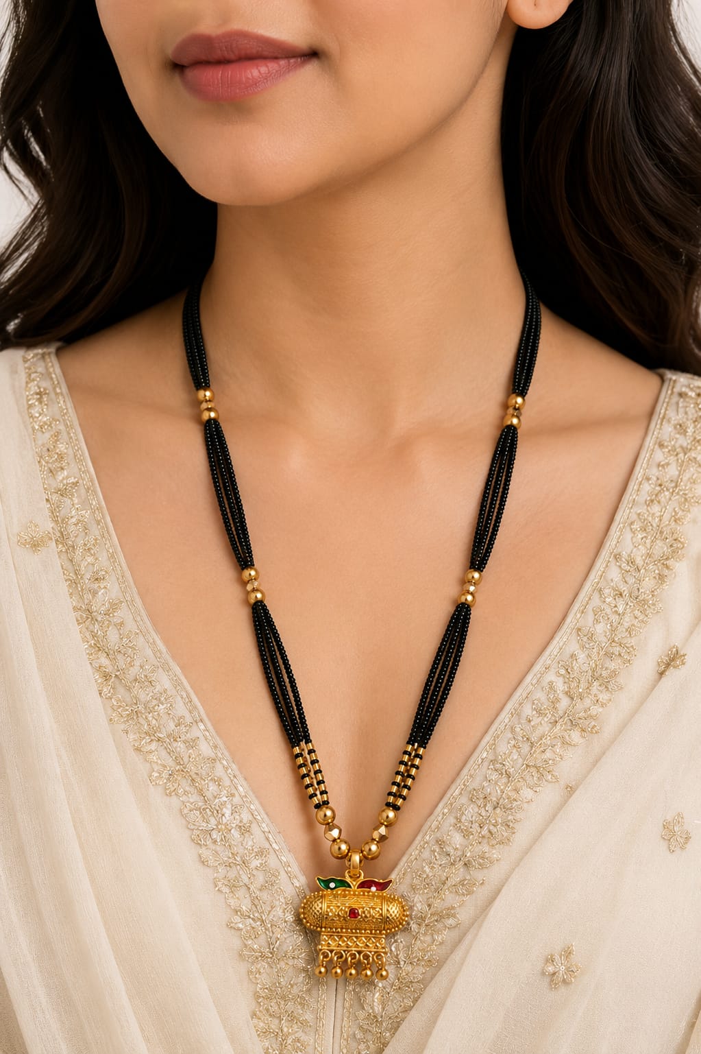 Traditional Black Beaded Mangalsutra with Gold Tone Pendant