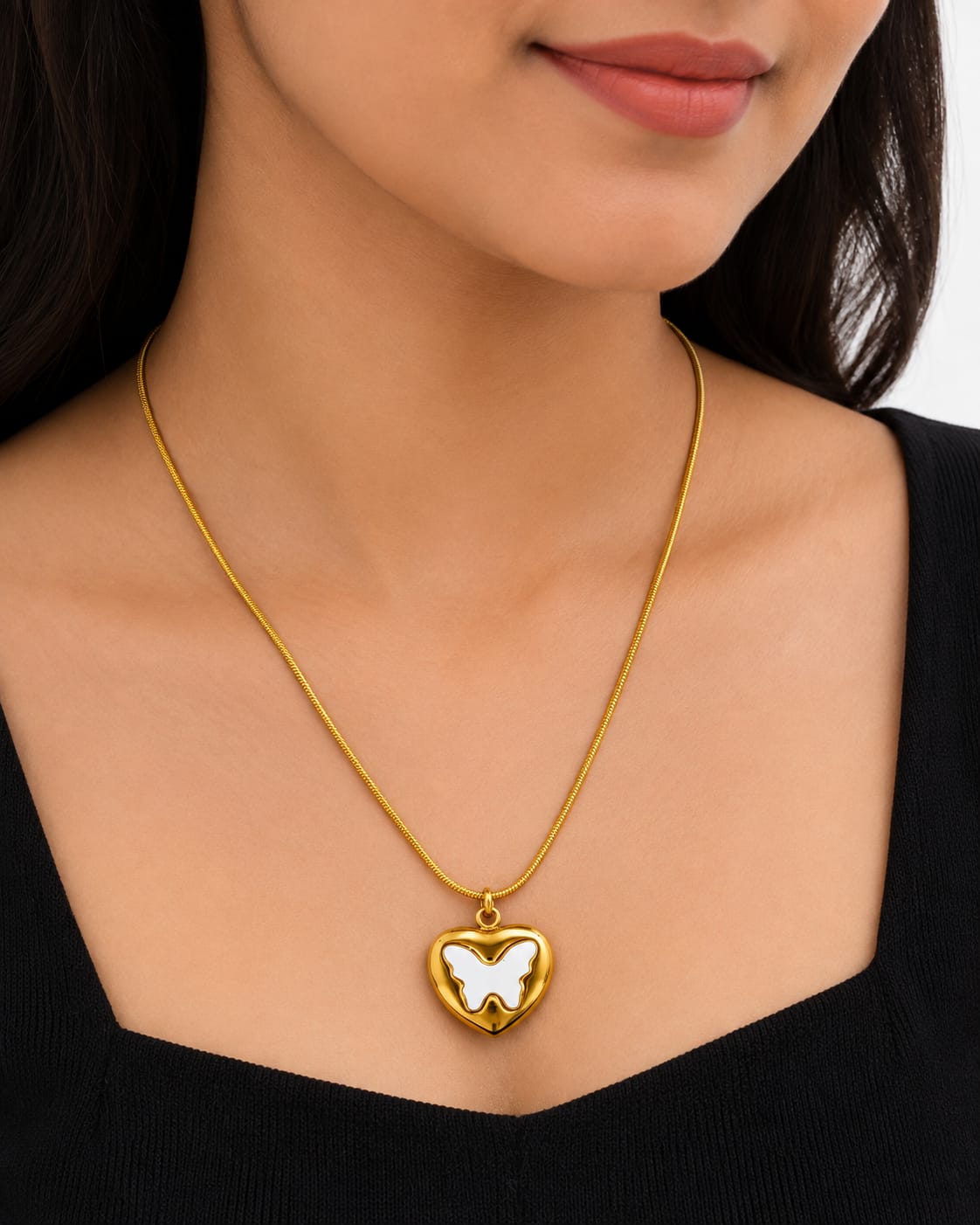 ANNIAURA Gold-Tone Heart & Butterfly Pendant Necklace