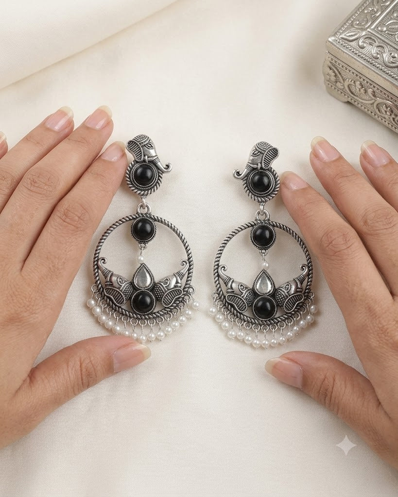 Oxidised Elephant Traditional Earrings
