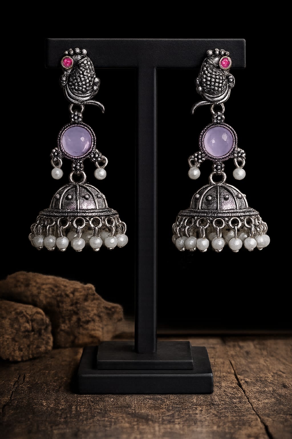 Oxidised Silver Bird Jhumka Earrings with Lavender Stone & Pearl Drops