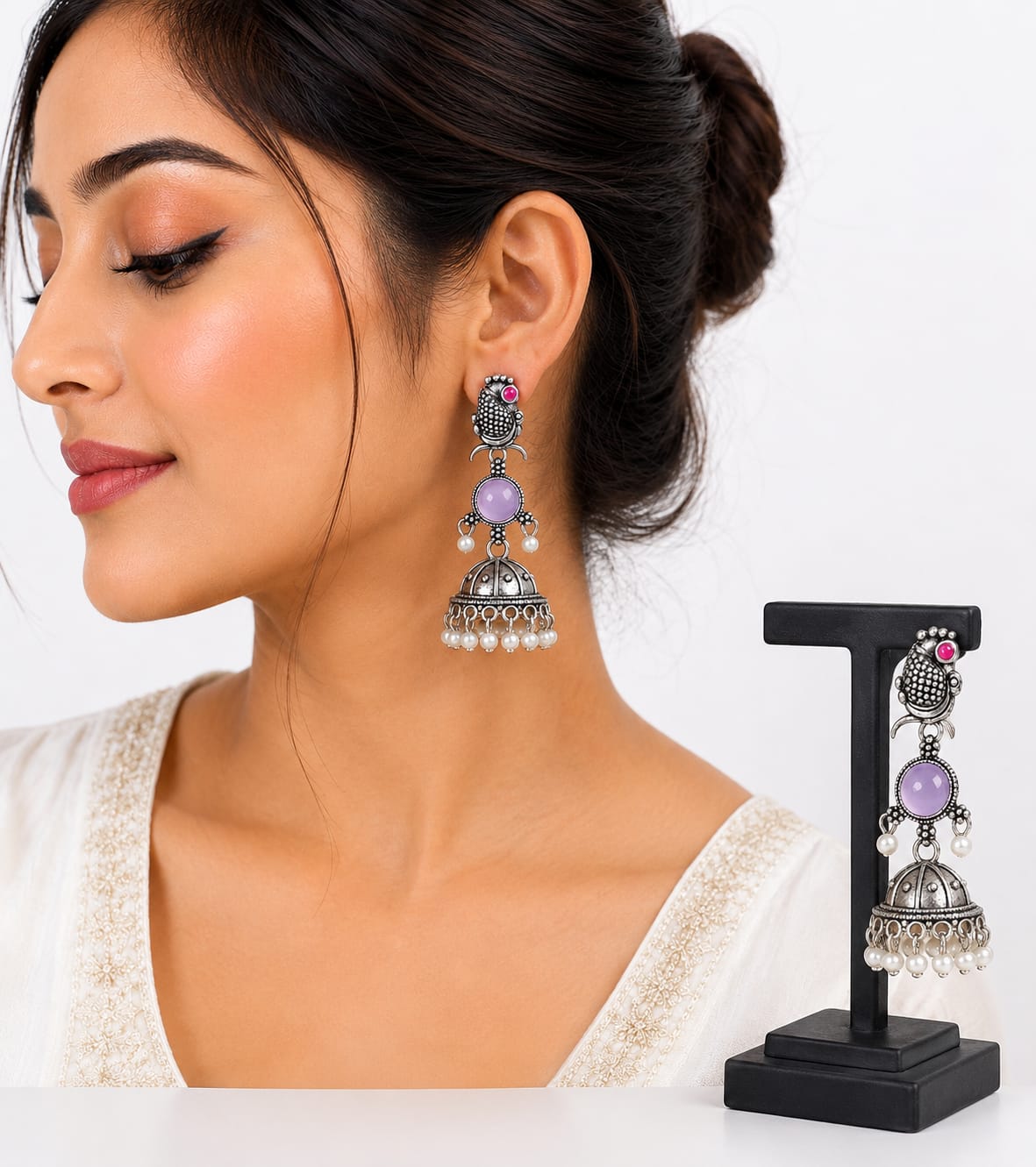 Oxidised Silver Bird Jhumka Earrings with Lavender Stone & Pearl Drops