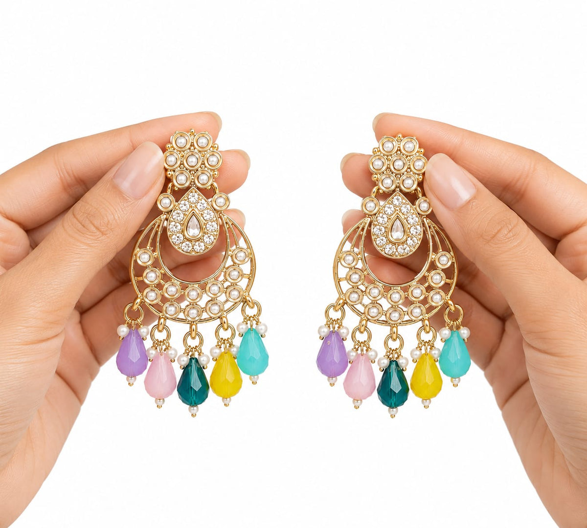 Multicolour Crystal Pearl Chandelier Earrings