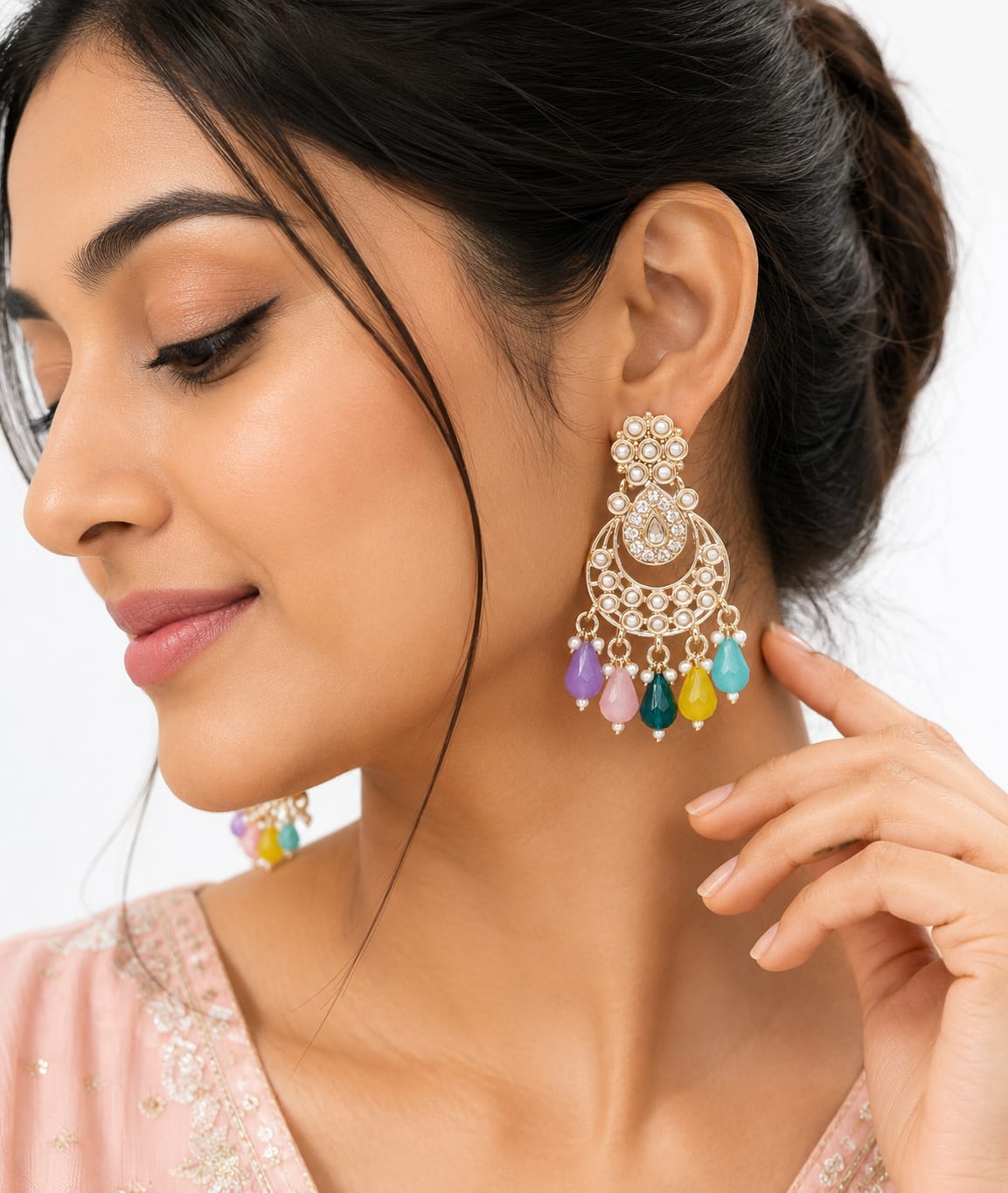 Multicolour Crystal Pearl Chandelier Earrings