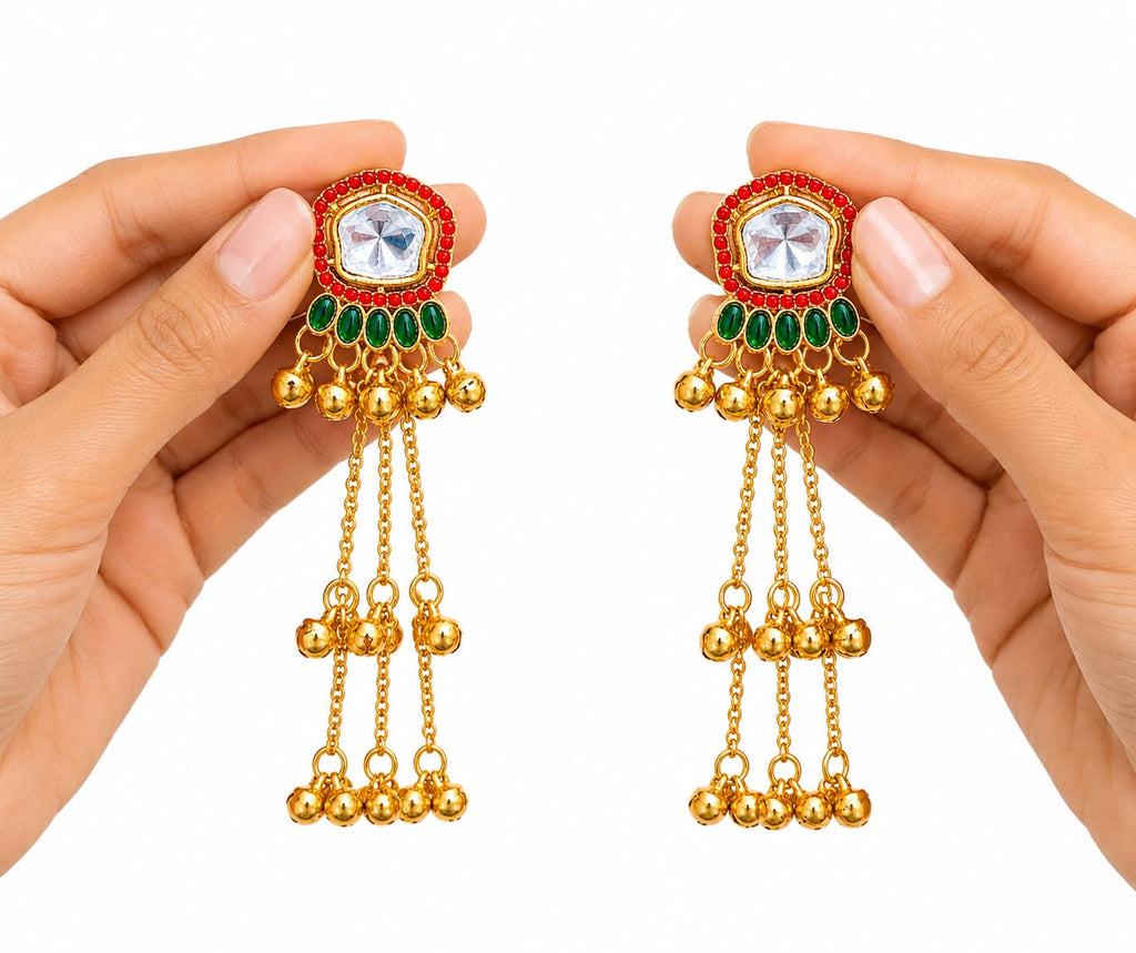 Traditional Kashmiri Red & Green Long Earrings