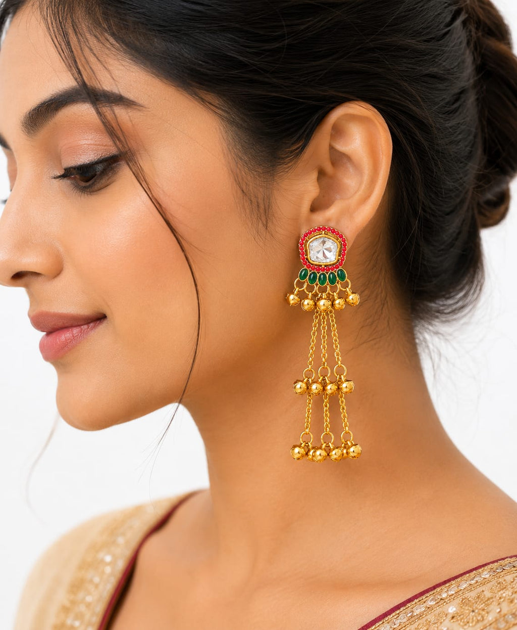Traditional Kashmiri Red & Green Long Earrings