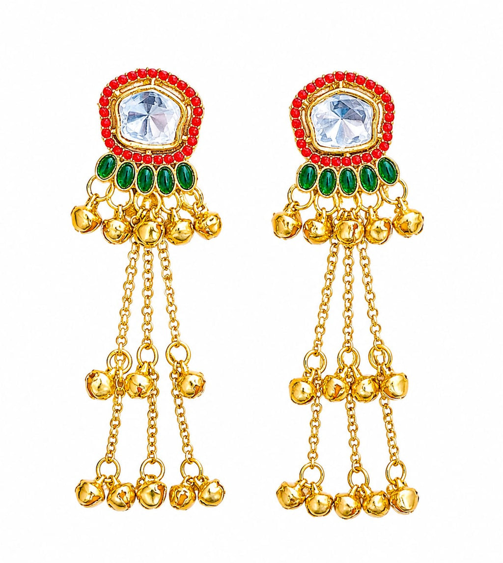 Traditional Kashmiri Red & Green Long Earrings