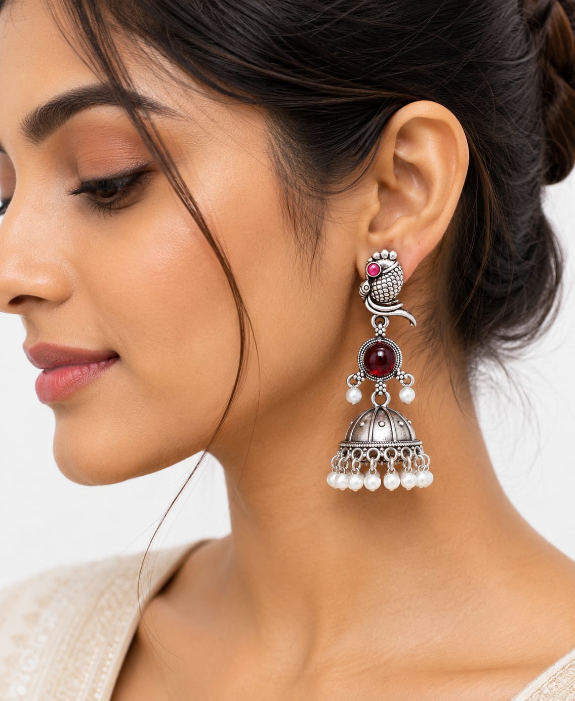 Oxidised Silver Peacock Jhumka Earrings with Red Stone & Pearl Drops