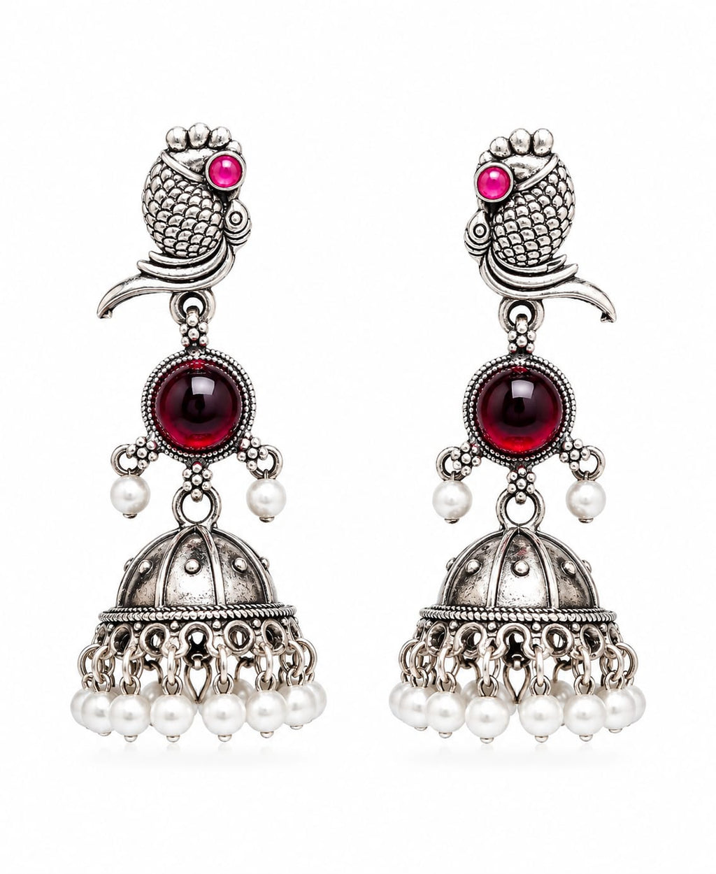 Oxidised Silver Peacock Jhumka Earrings with Red Stone & Pearl Drops