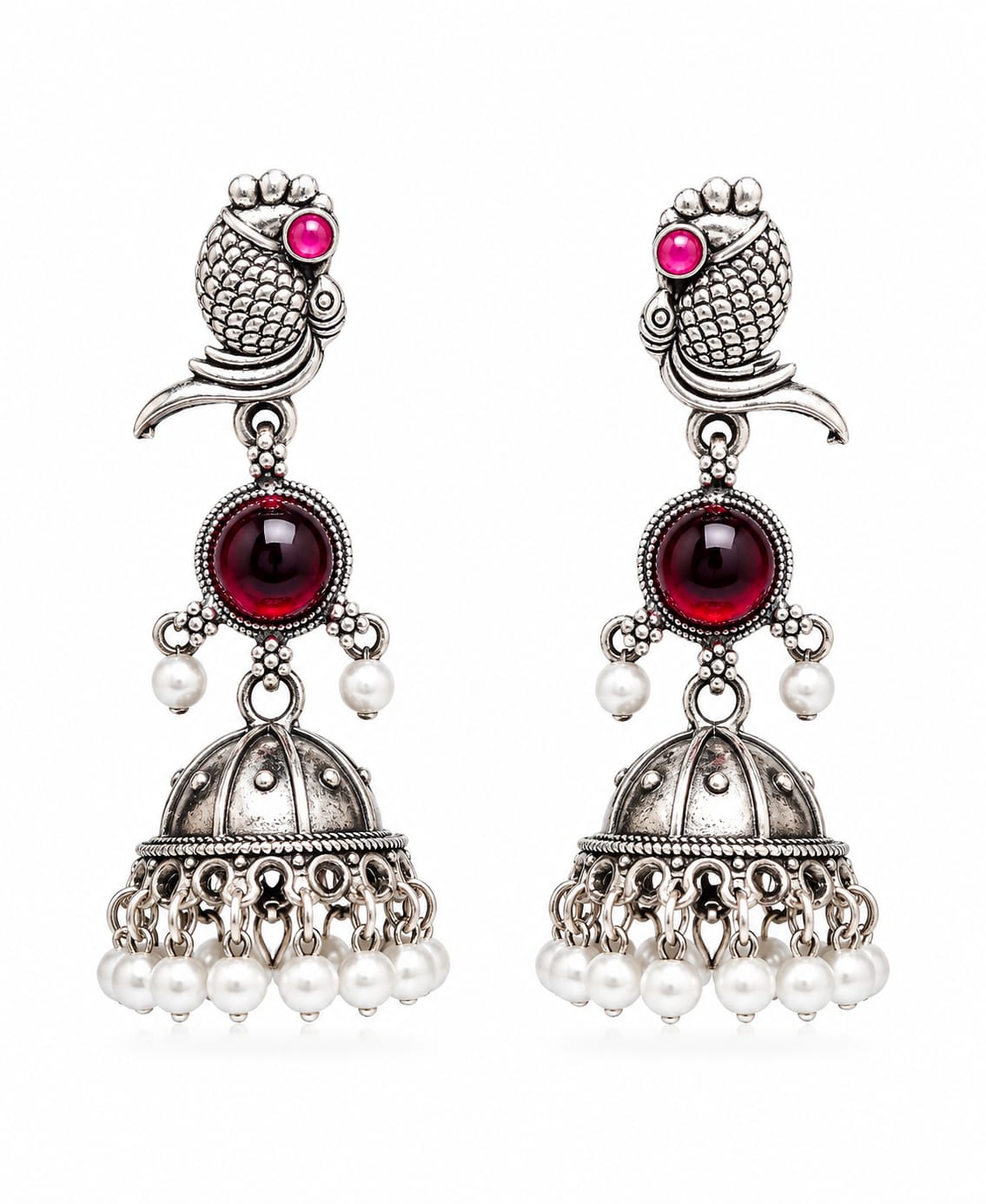Oxidised Silver Peacock Jhumka Earrings with Red Stone & Pearl Drops