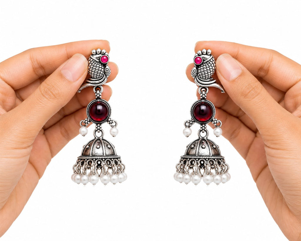 Oxidised Silver Peacock Jhumka Earrings with Red Stone & Pearl Drops