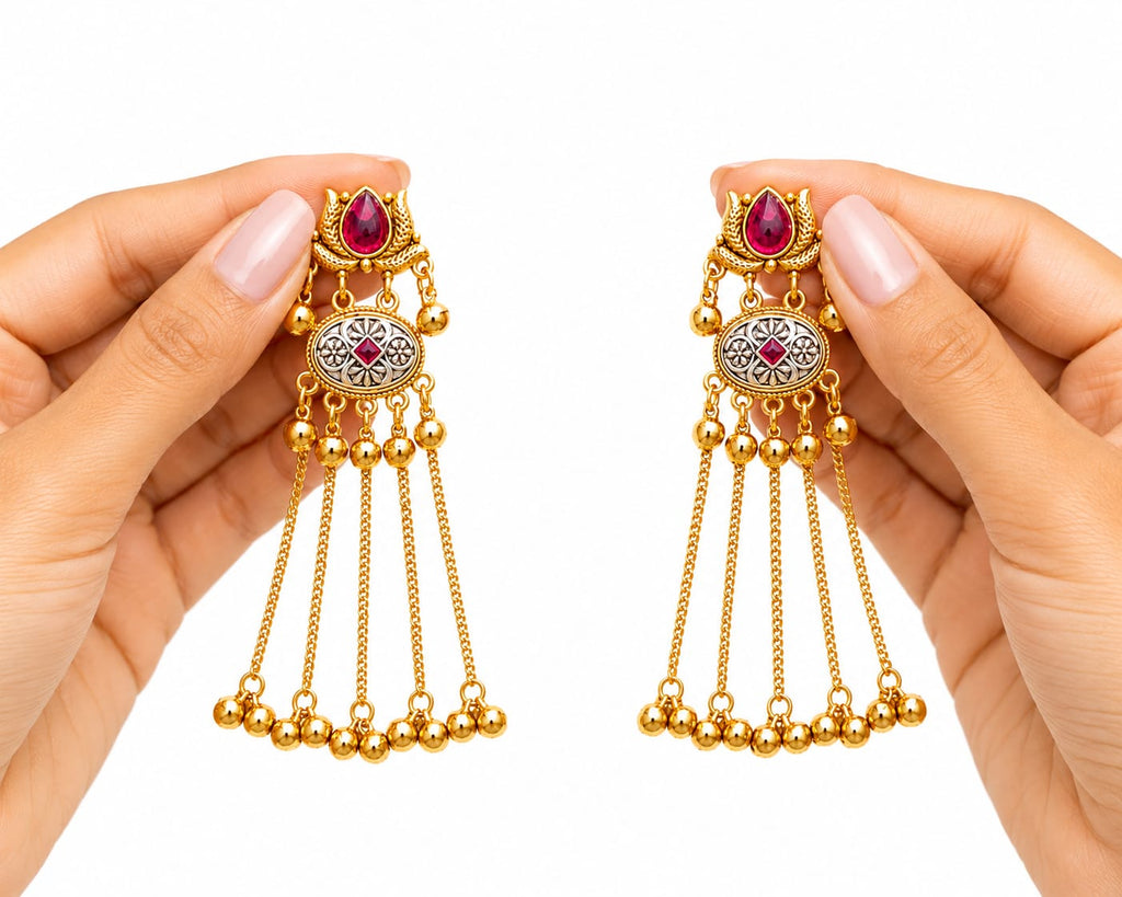 Traditional Kashmiri Long Earrings with Red Stone & Golden Ghungroo