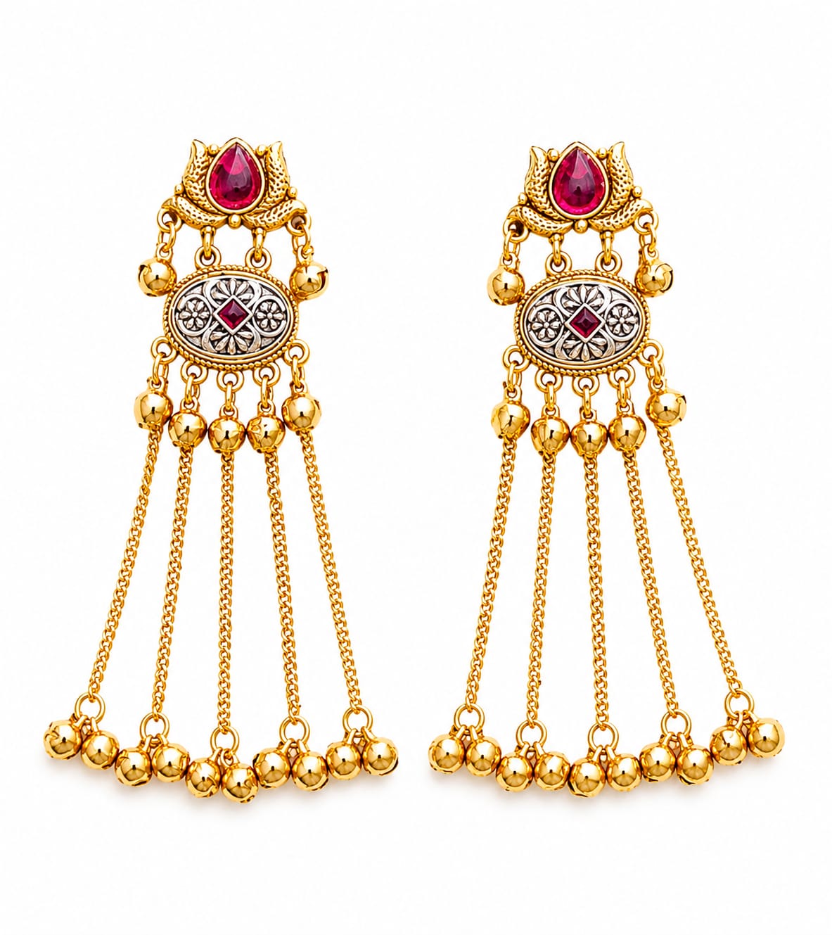 Traditional Kashmiri Long Earrings with Red Stone & Golden Ghungroo