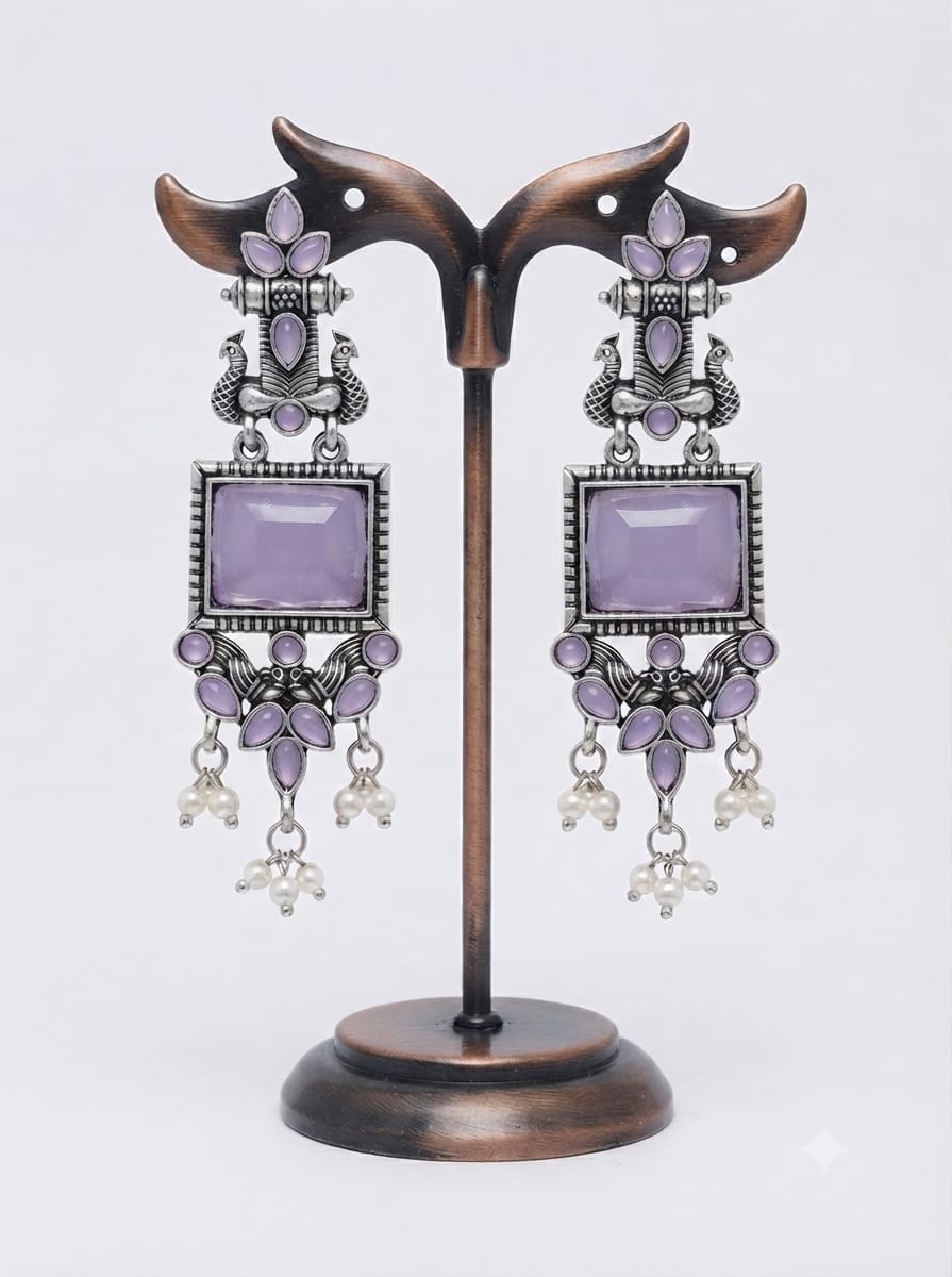 Elegant Purple Stone Oxidised Earrings