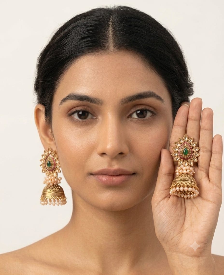 Traditional Green & Red Pearl Earrings