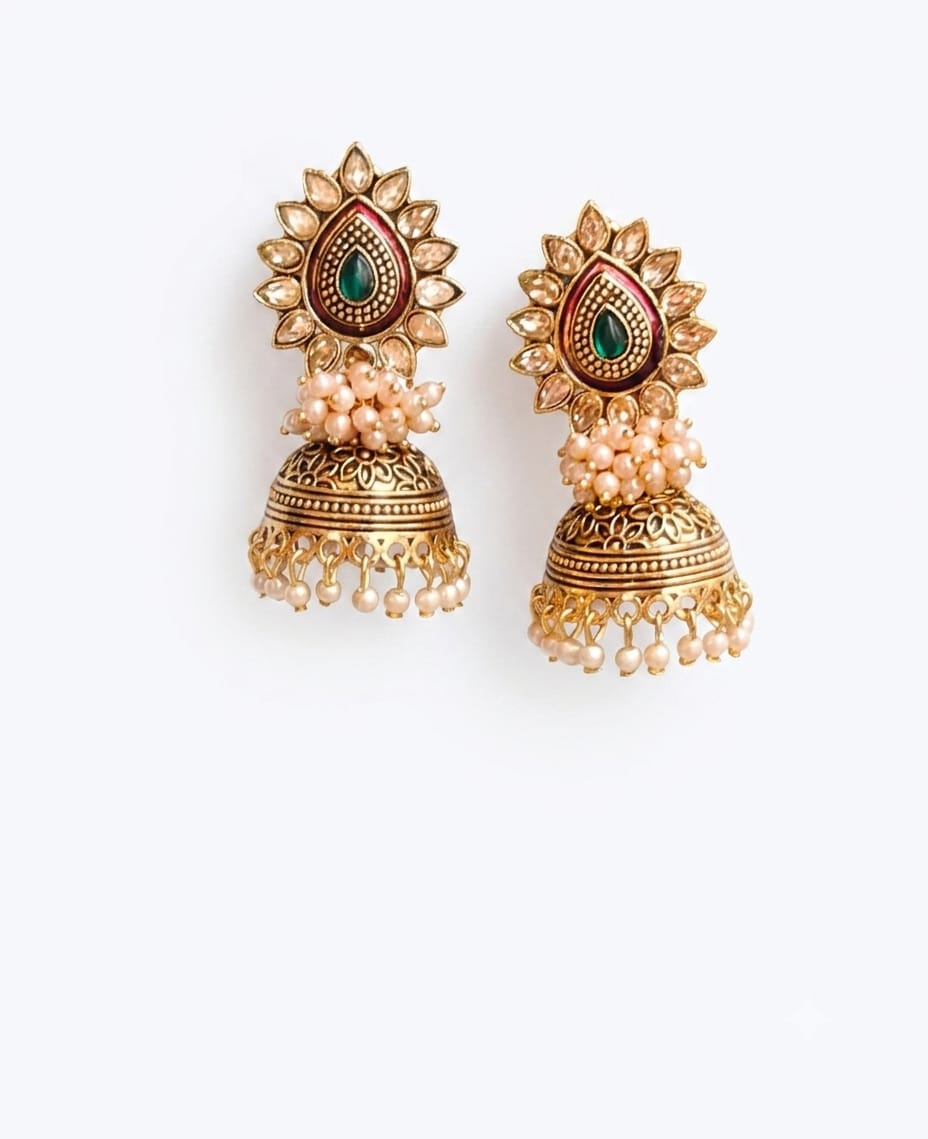 Traditional Green & Red Pearl Earrings