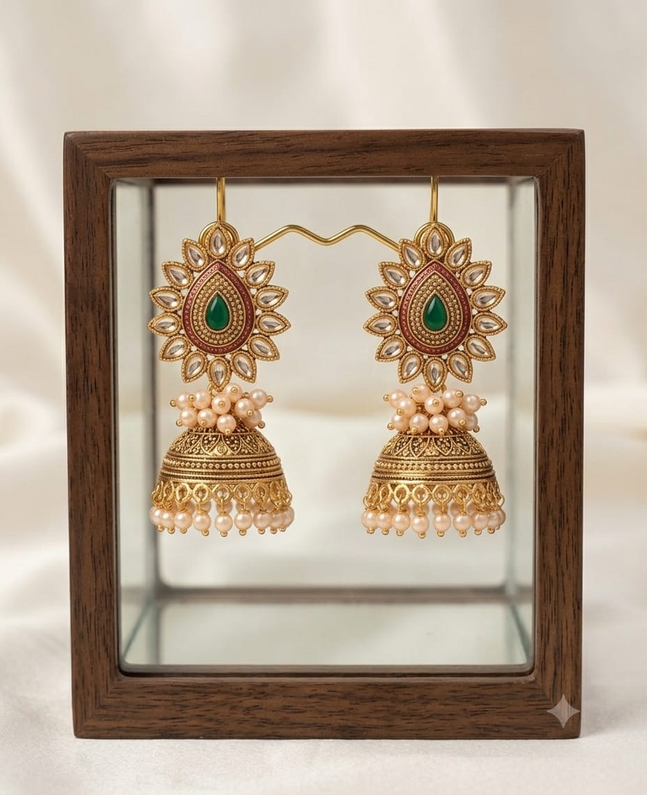 Traditional Green & Red Pearl Earrings