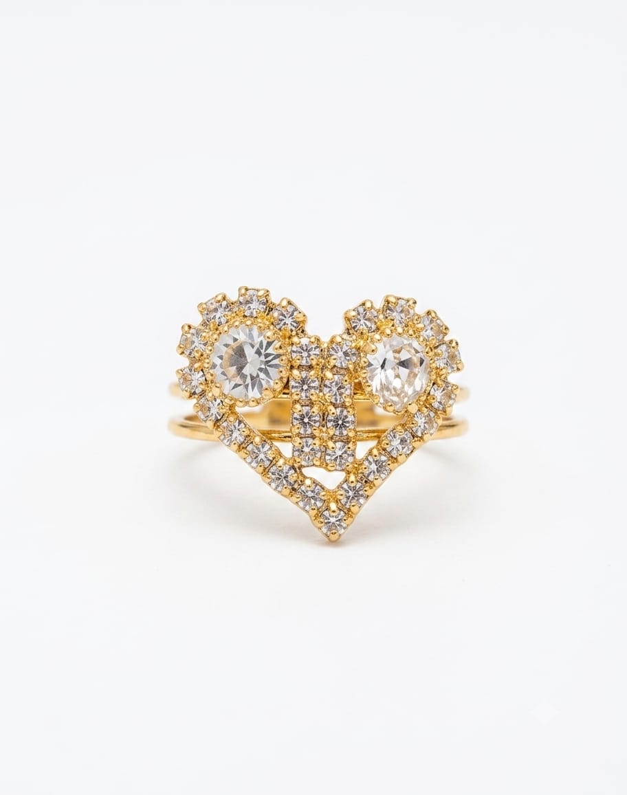 Gold Tone Heart Shaped Crystal Statement Ring