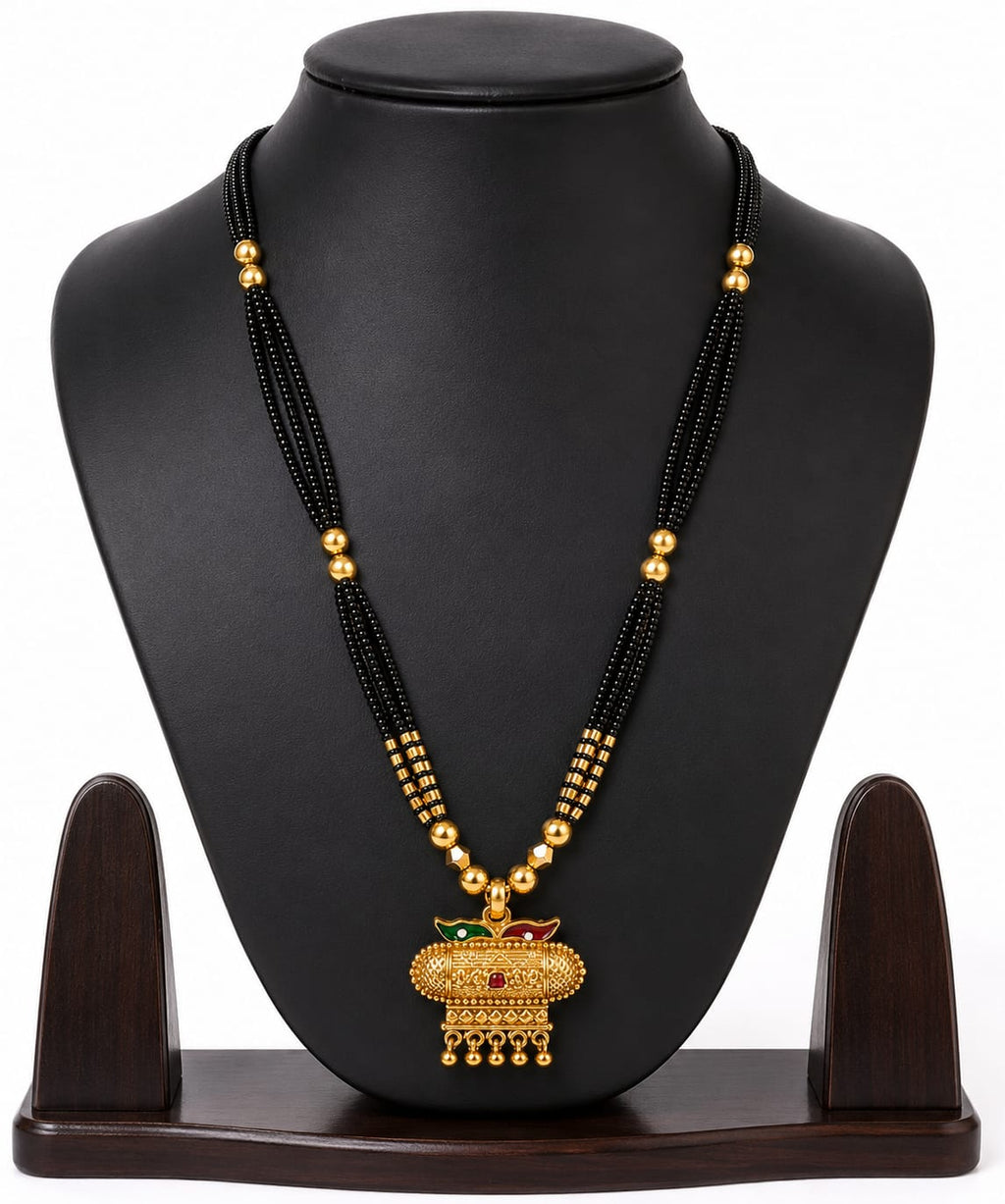 Traditional Black Beaded Mangalsutra with Gold Tone Pendant