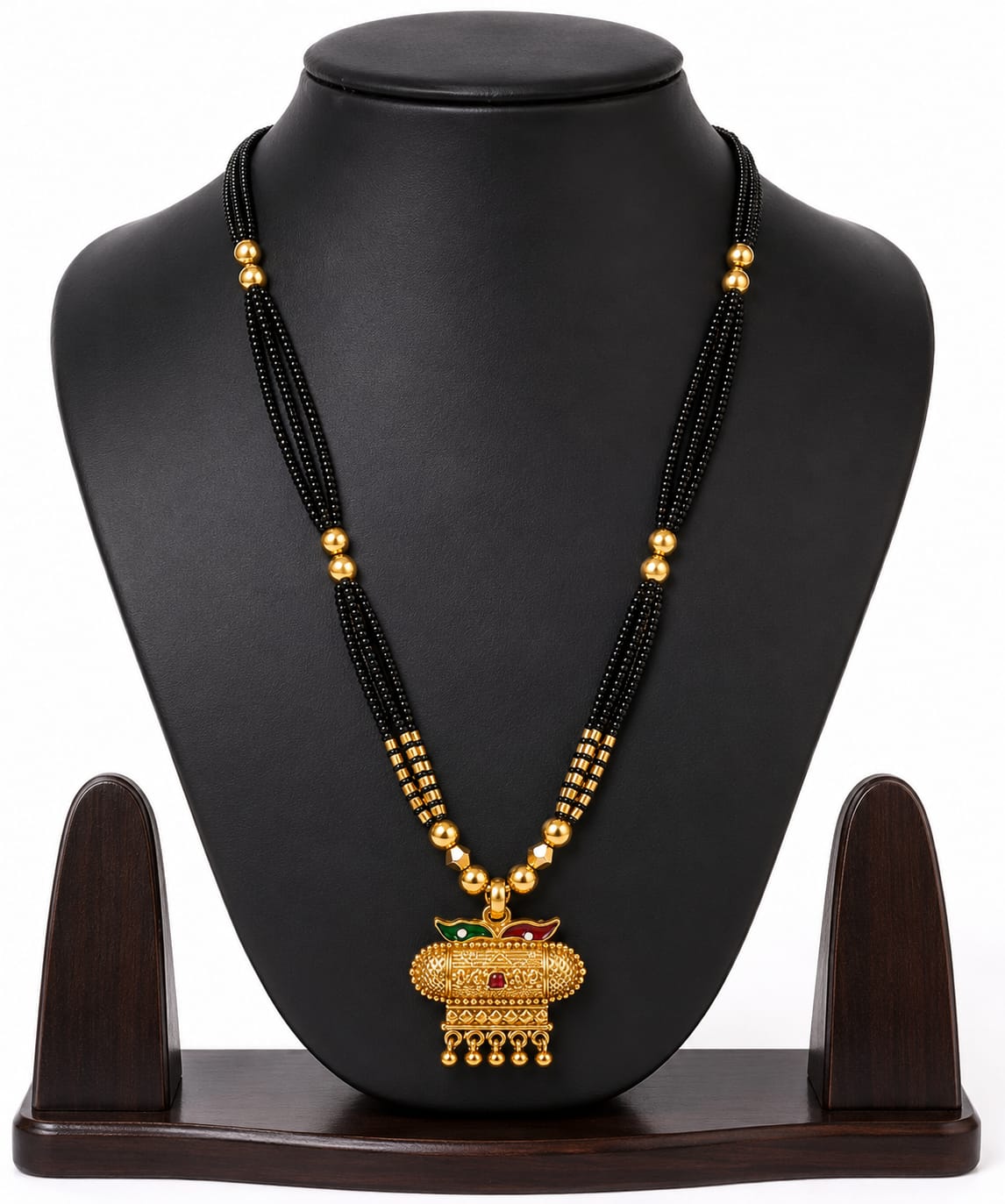 Traditional Black Beaded Mangalsutra with Gold Tone Pendant