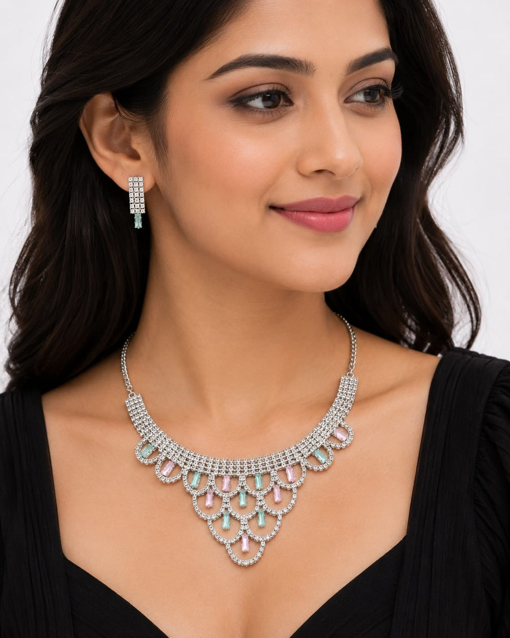 Pastel Pink & Mint Green Crystal Scalloped Statement Necklace Set