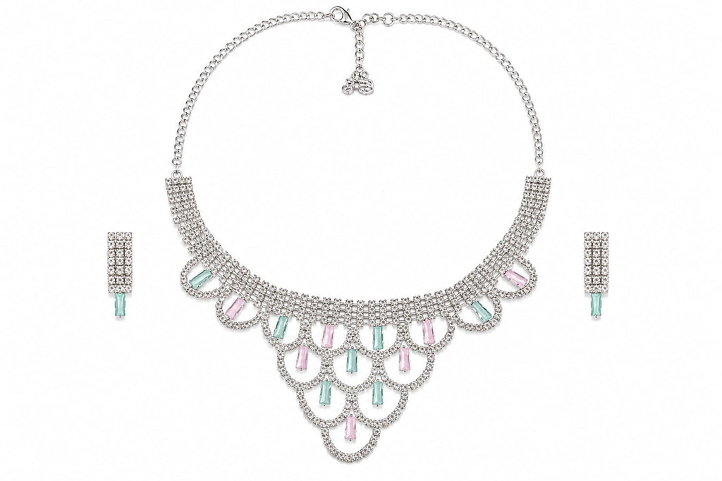 Pastel Pink & Mint Green Crystal Scalloped Statement Necklace Set