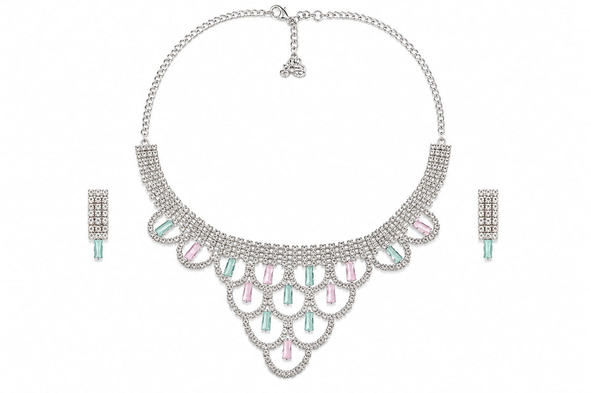 Pastel Pink & Mint Green Crystal Scalloped Statement Necklace Set