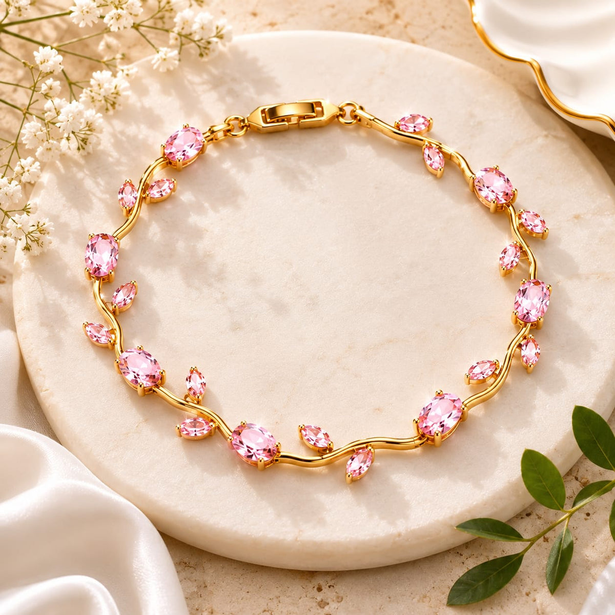Blush Pink Crystal Floral Vine Gold-Plated Bracelet
