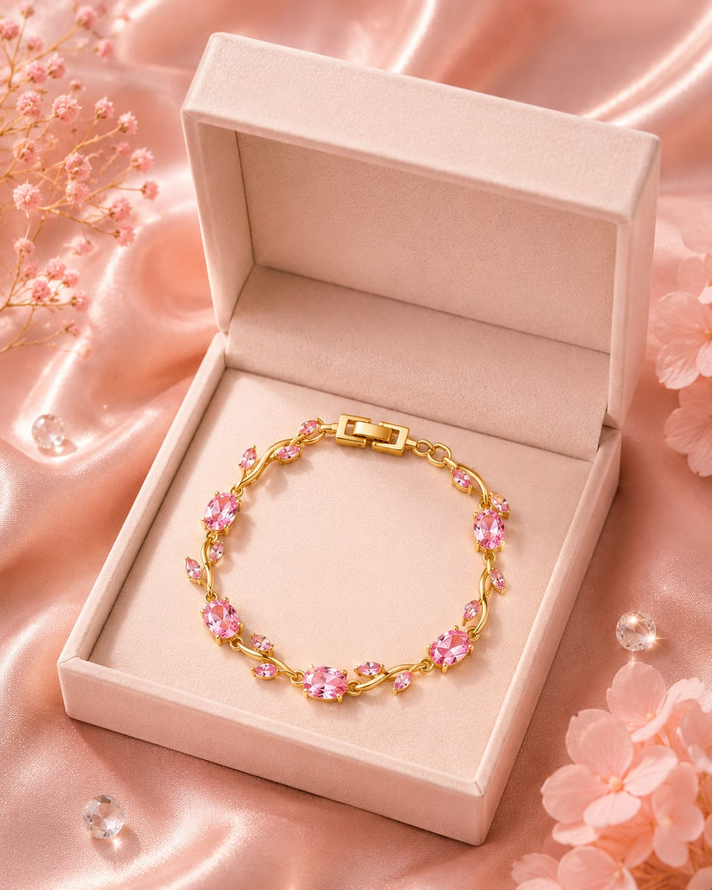 Blush Pink Crystal Floral Vine Gold-Plated Bracelet