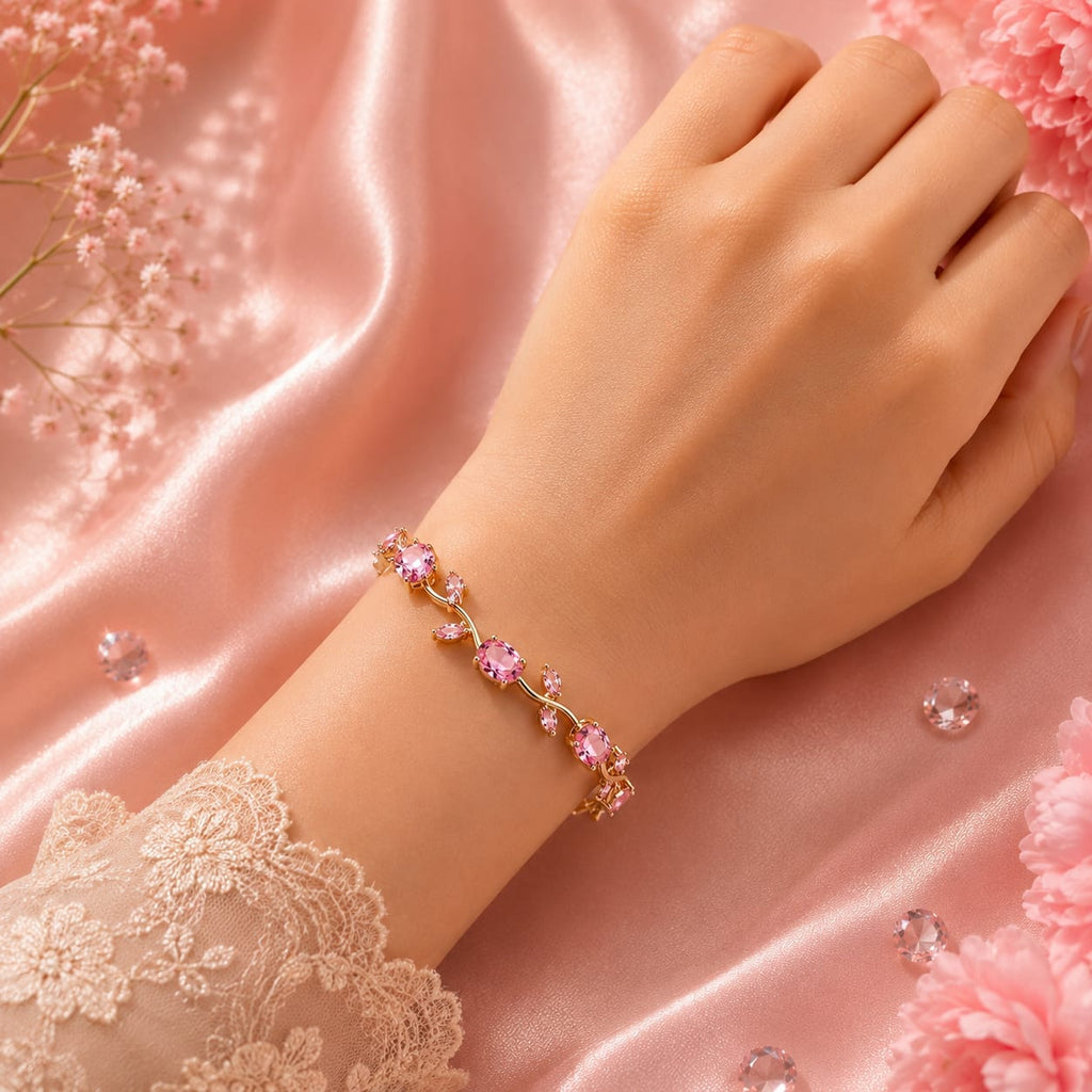 Blush Pink Crystal Floral Vine Gold-Plated Bracelet
