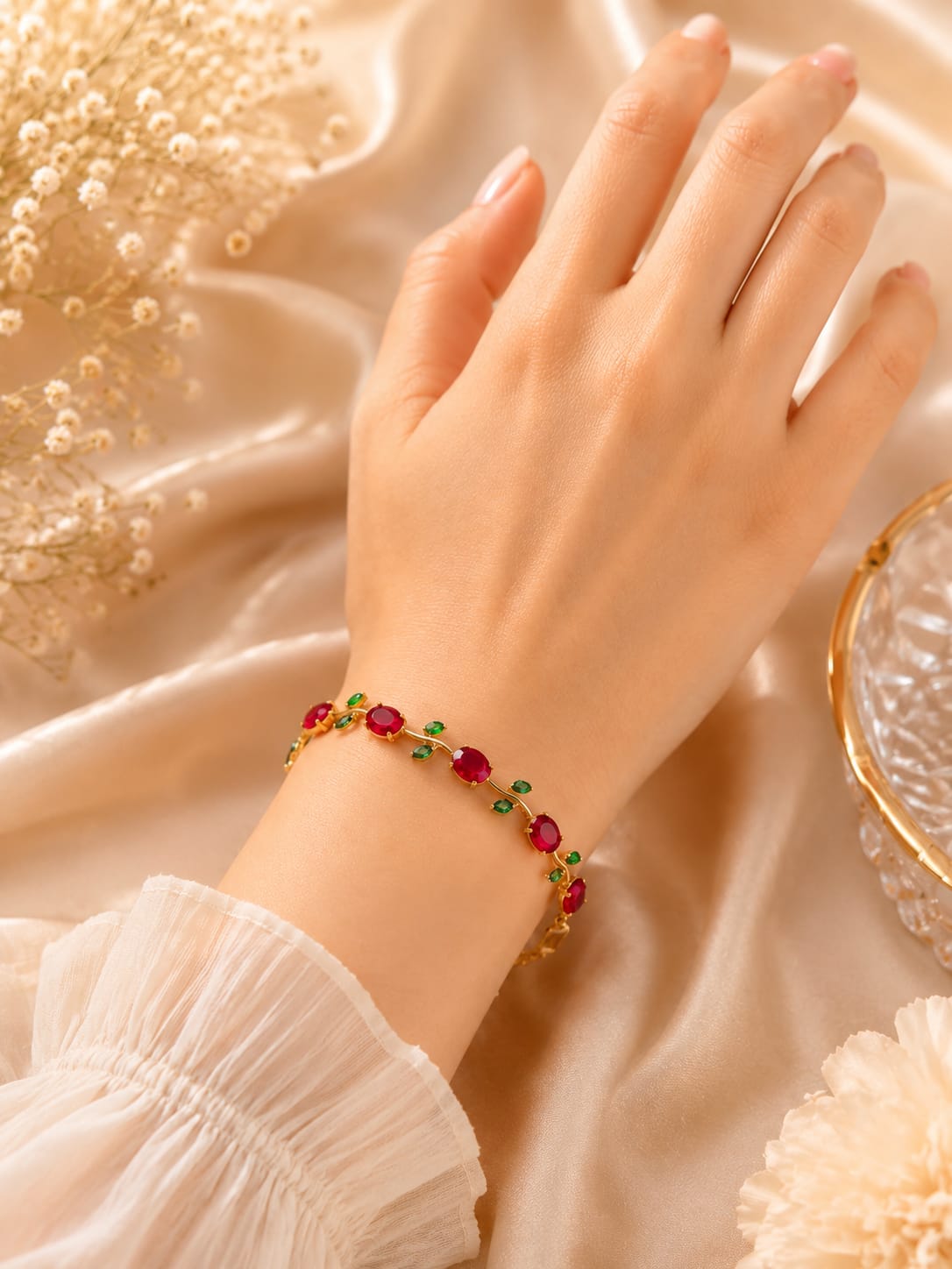 Royal Ruby & Emerald Floral Vine Gold-Plated Bracelet
