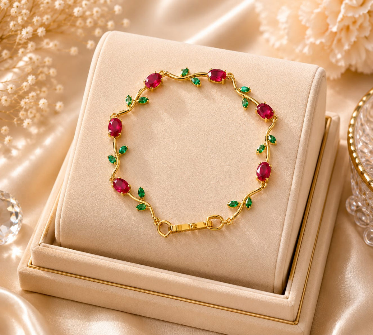 Royal Ruby & Emerald Floral Vine Gold-Plated Bracelet