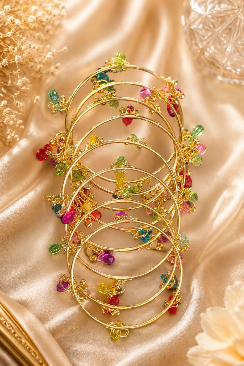 Multicolor Crystal & Gold Ghungroo Charm Bangle Set
