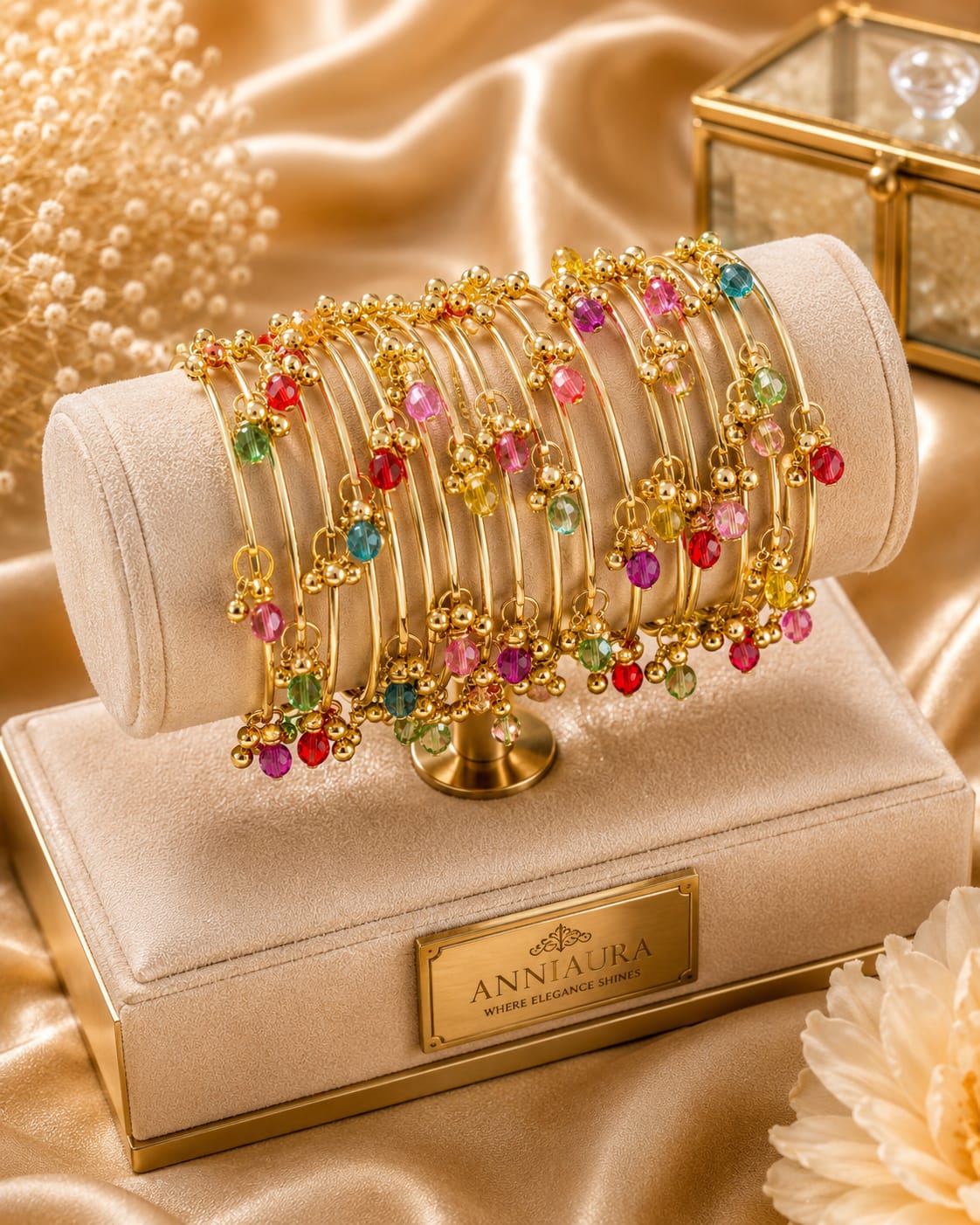 Multicolor Crystal & Gold Ghungroo Charm Bangle Set