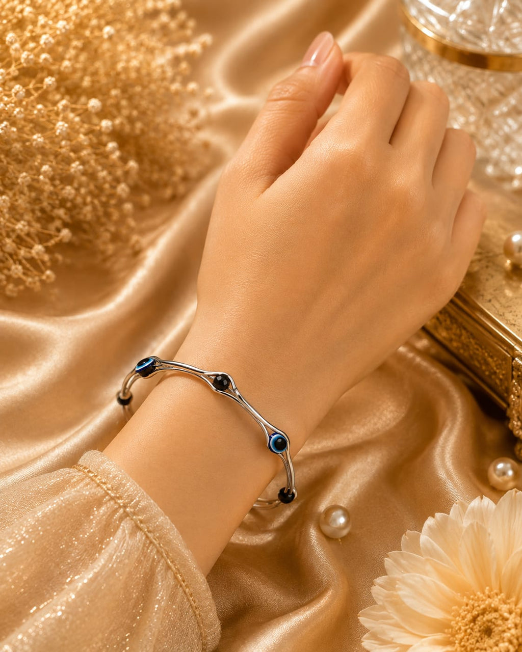 Silver Evil Eye Wave Station Bracelet