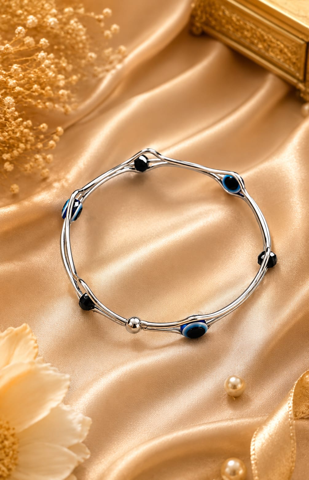 Silver Evil Eye Wave Station Bracelet