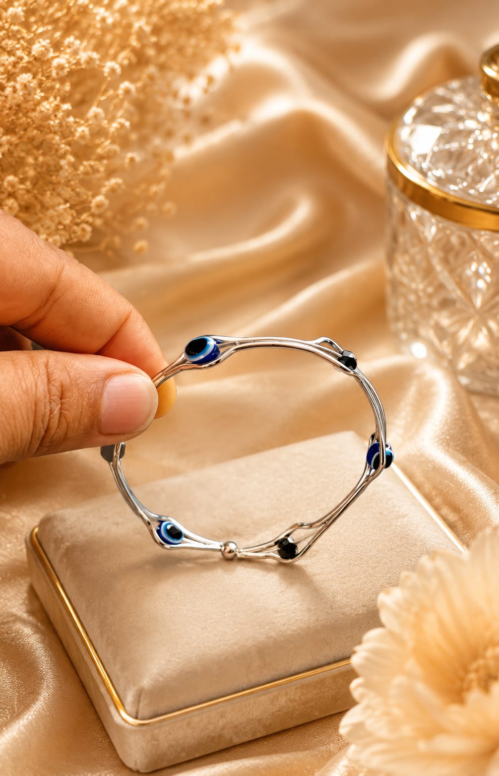 Silver Evil Eye Wave Station Bracelet