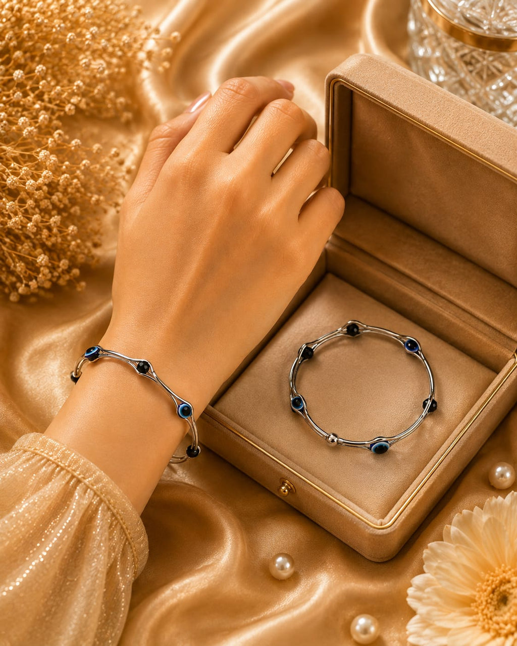 Silver Evil Eye Wave Station Bracelet