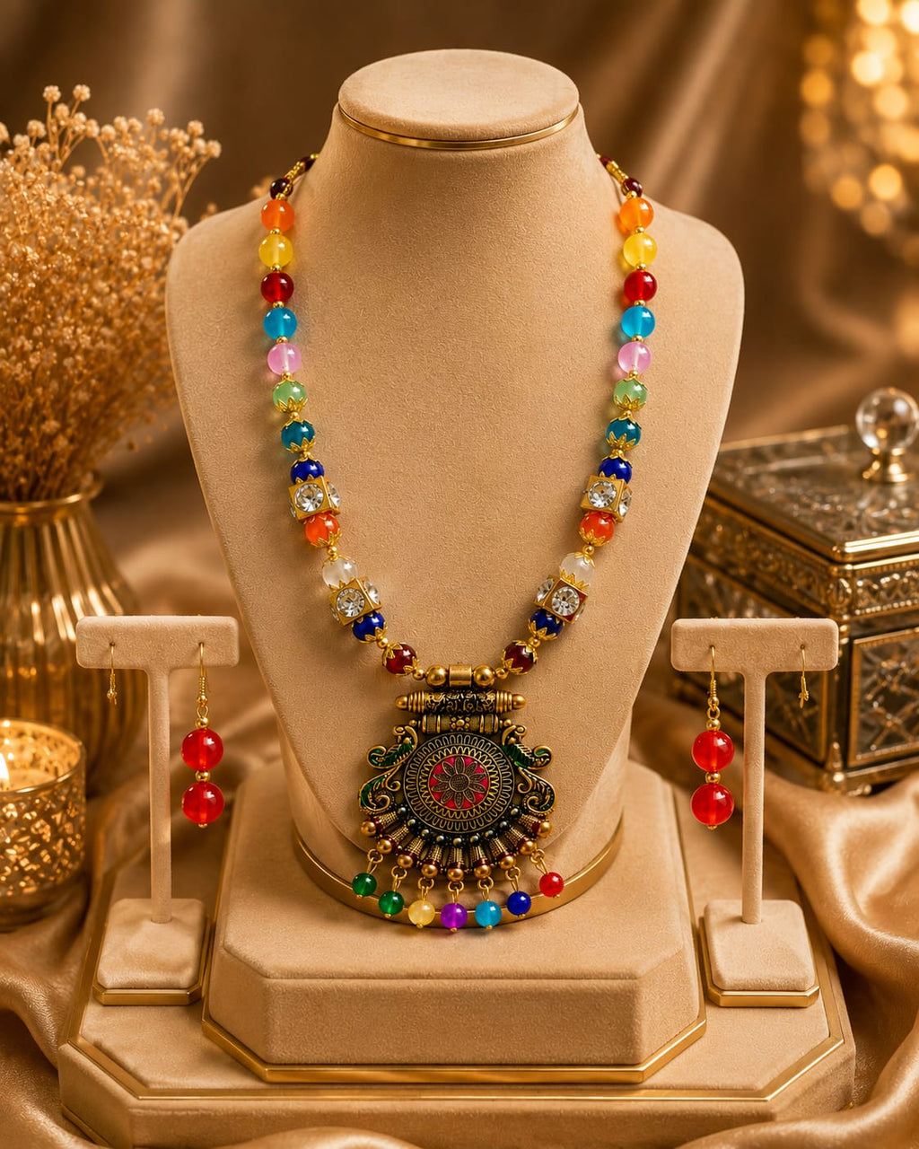 ANNIAURA Multicolor Beaded Oxidised-Style Statement Necklace