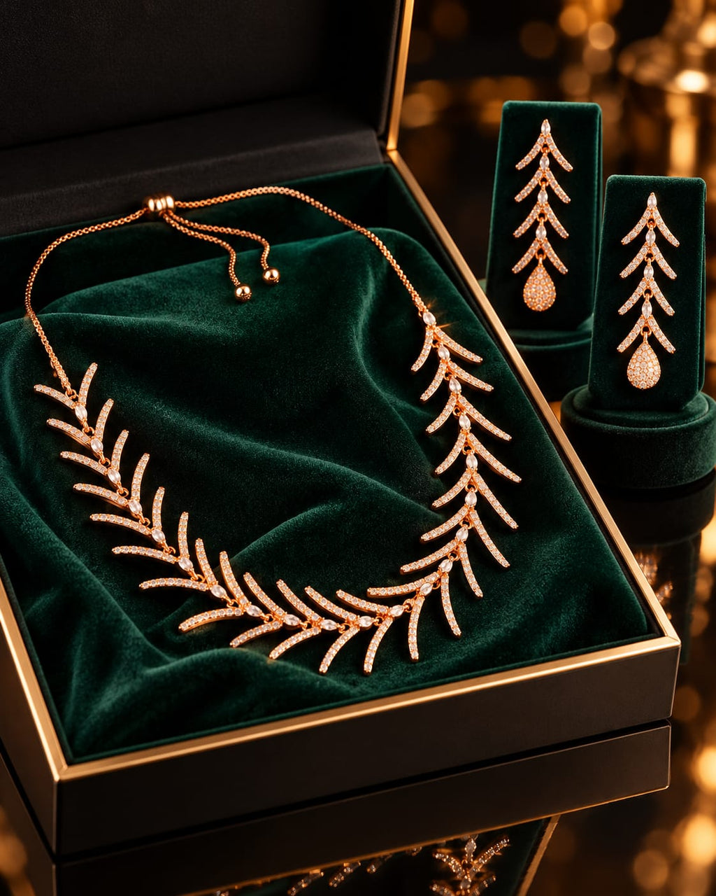 Rose Gold-Tone AD Leaf Necklace Set with Earrings | ANNIAURA