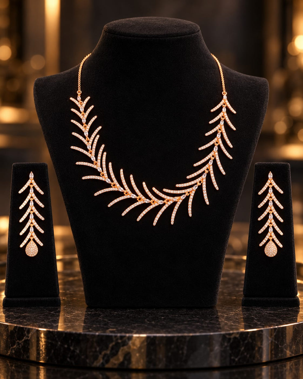 Rose Gold-Tone AD Leaf Necklace Set with Earrings | ANNIAURA